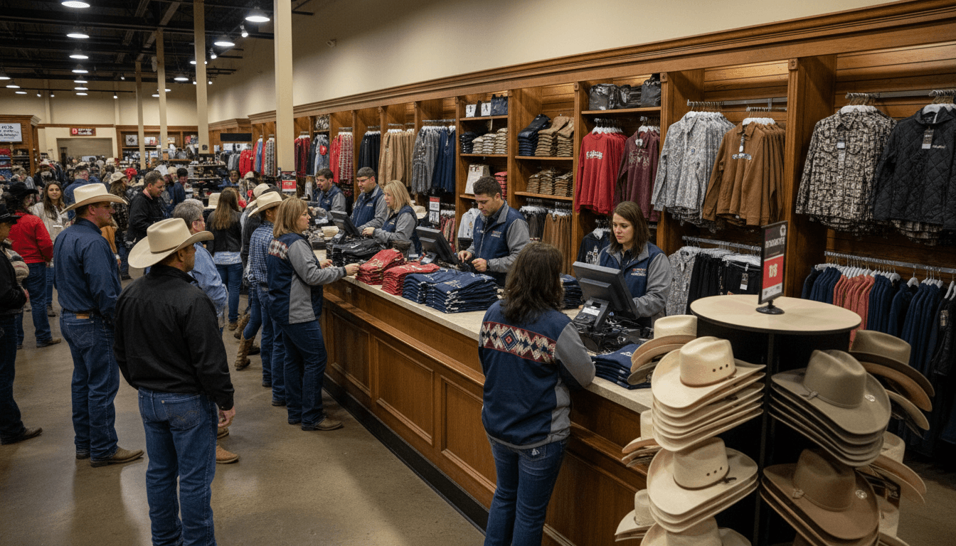 Busy indoor rodeo souvenir store with committee members in western polos and lightweight jackets assisting customers near shirt racks and merchandise counters